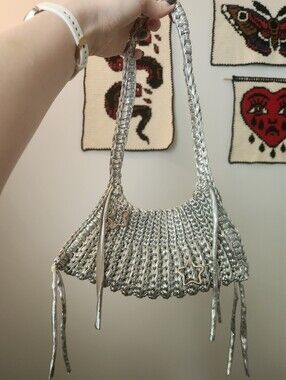 Crochet Handmade Silver Star Ring-Detail Shoulder Bag